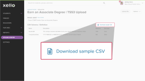 The 'Upload file' page for a requirement called 'Earn an Associate Degree'. The 'Download sample CSV' link is highlighted.